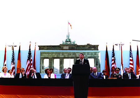 President Reagan delivering speech at the Brandenburg Gate, Berlin