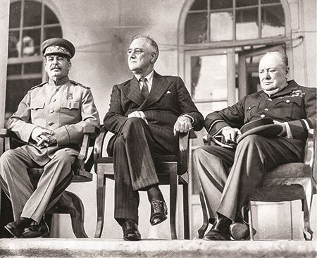 Stalin, Roosevelt, and Churchill at the Tehran Conference in 1943