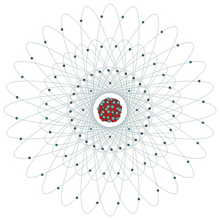 Atom of radioactive Uranium-235, with protons and neutrons in the nucleus at the center, surrounded by electrons